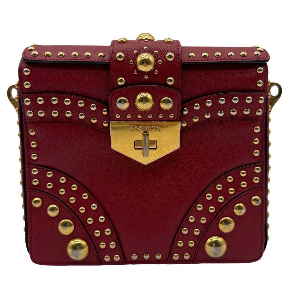 Prada Red Saffiano Leather Studded Crossbody